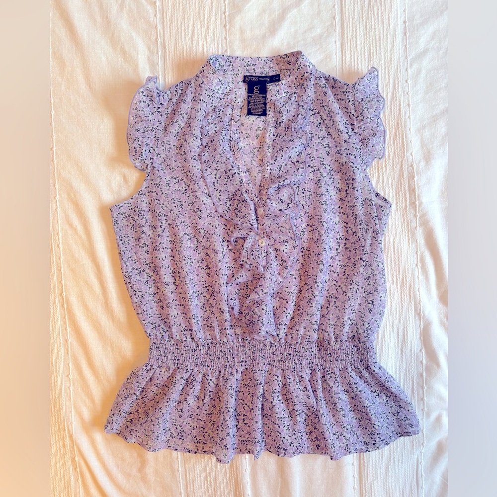 2/$15 Grass Collection Floral Ruffle sheer flutter sleeve Top - Purple